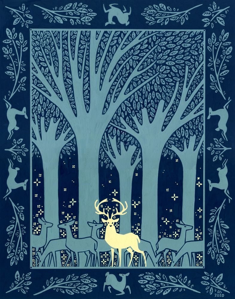 A painting of a light yellow stag standing amidst a herd of blue does.  They are standing in a forest and stars float up from the ground. 