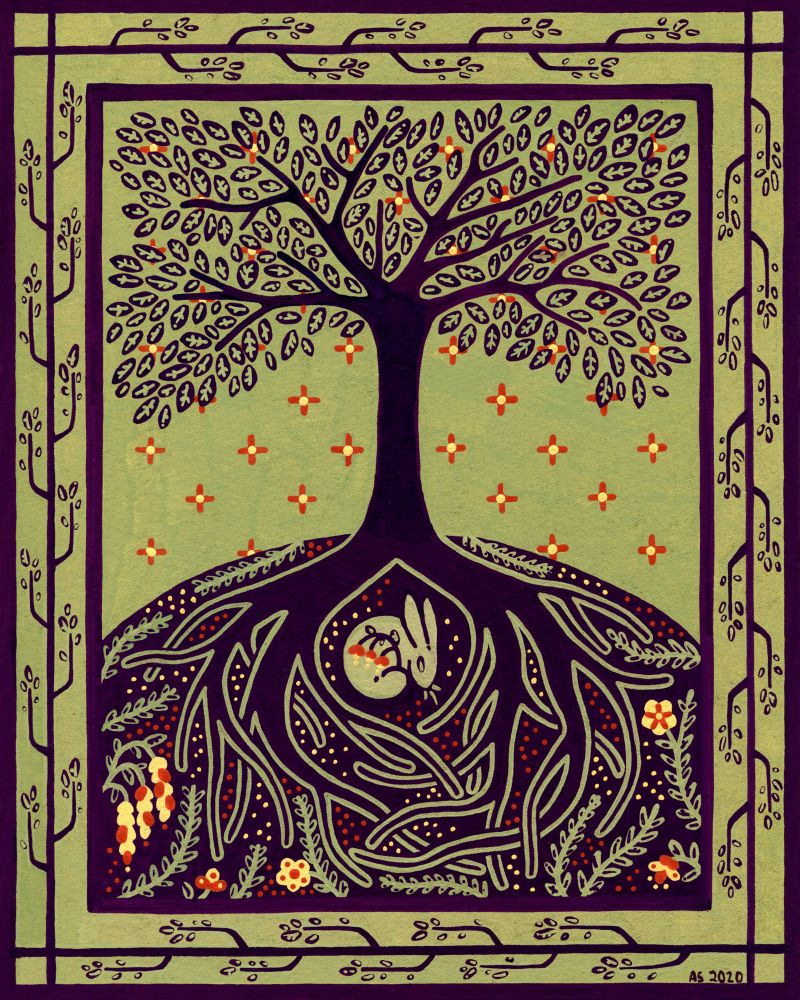 A folk art styled cross section of a tree and its roots digging into the ground. A rabbit is curled up in the midst of those roots roots. 