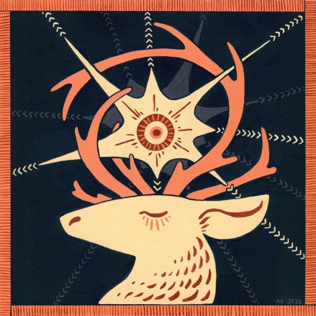 A painting of a deer head, it has multiple antlers sprouting from it to form somewhat of a spiral around a great burst of light.  The deer’s eye is closed. 