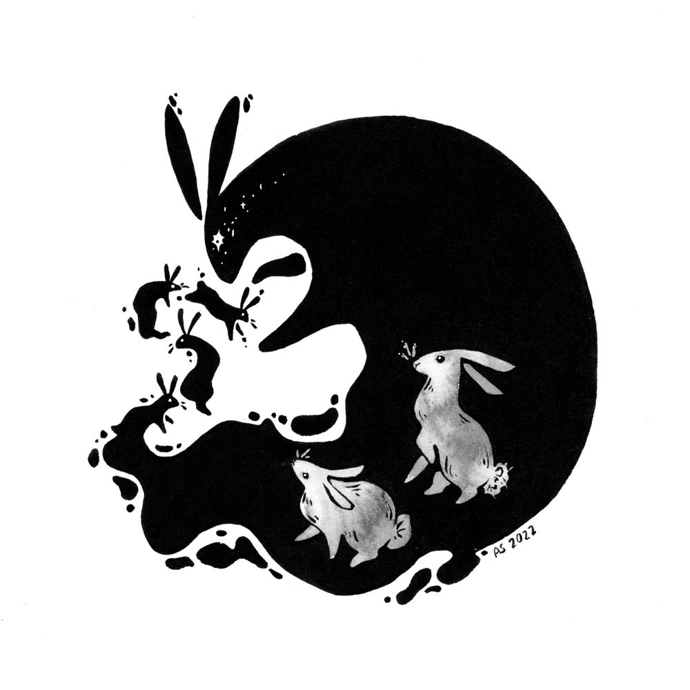 A black, ghostly rabbit weaves a tale from his own form. El-ahrairah and Rabscuttle are framed by the black rabbit’s silhouette as they watch, enraptured. 