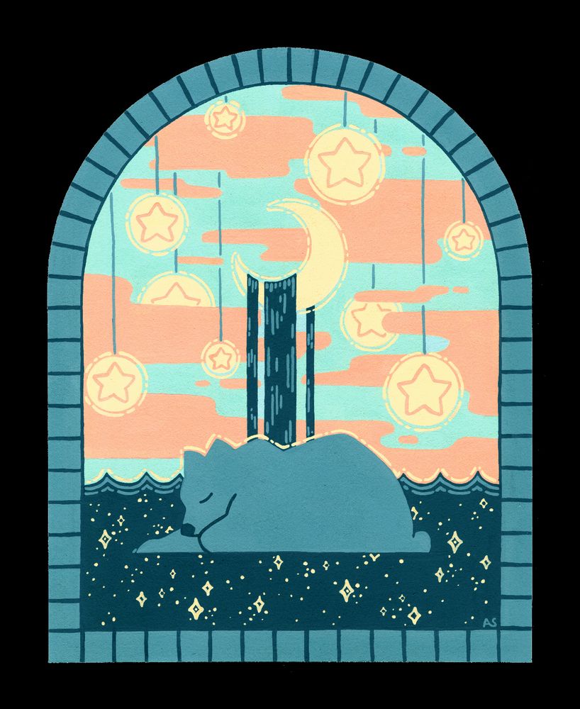 A painting of a blue bear peacefully sleeping upon a pool of starry sky. The moon hangs above, the sky dripping off of it like a waterfall.  The moon is surrounded by bright blue sky and pink clouds. Larger star hang around it like ornaments. The scene is surrounded by a blue border segmented like the tiled edges of a pool.