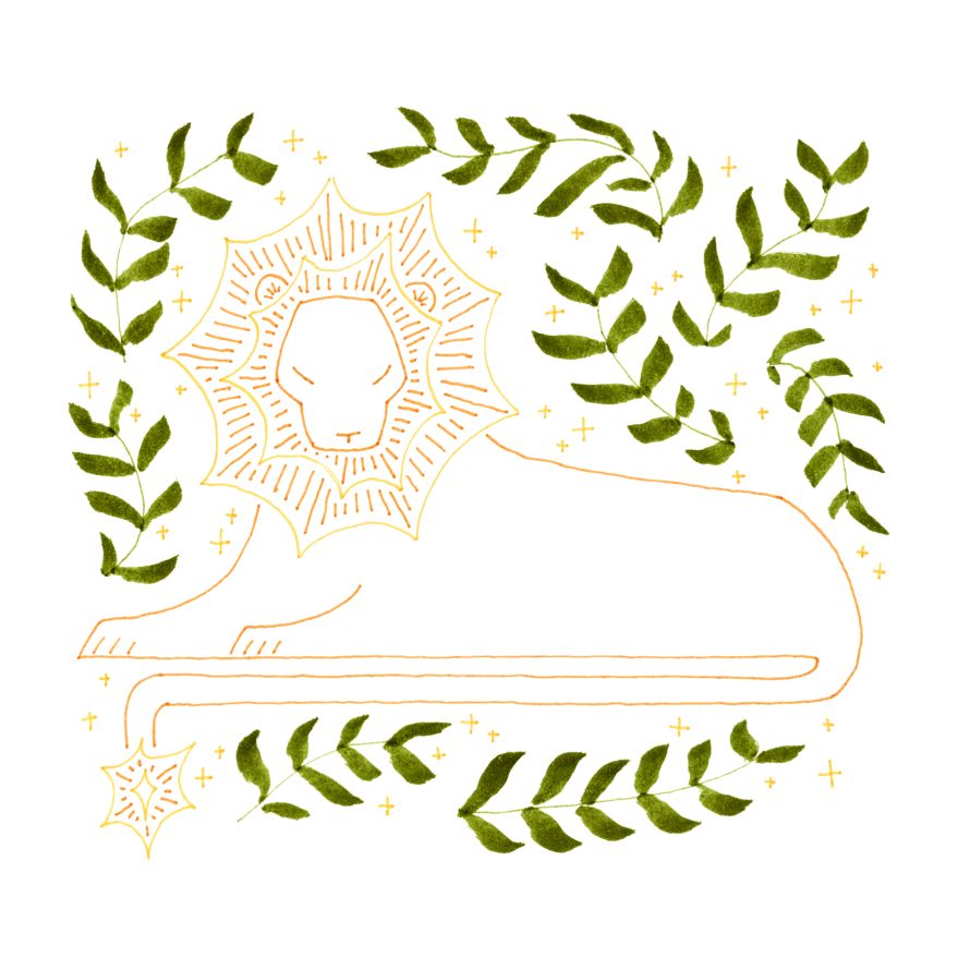 A stylized marker drawing of a lion. The lion is laying down, his mane and tail are shining star bursts. Plant fronds border him and little sparkles are scattered all around.