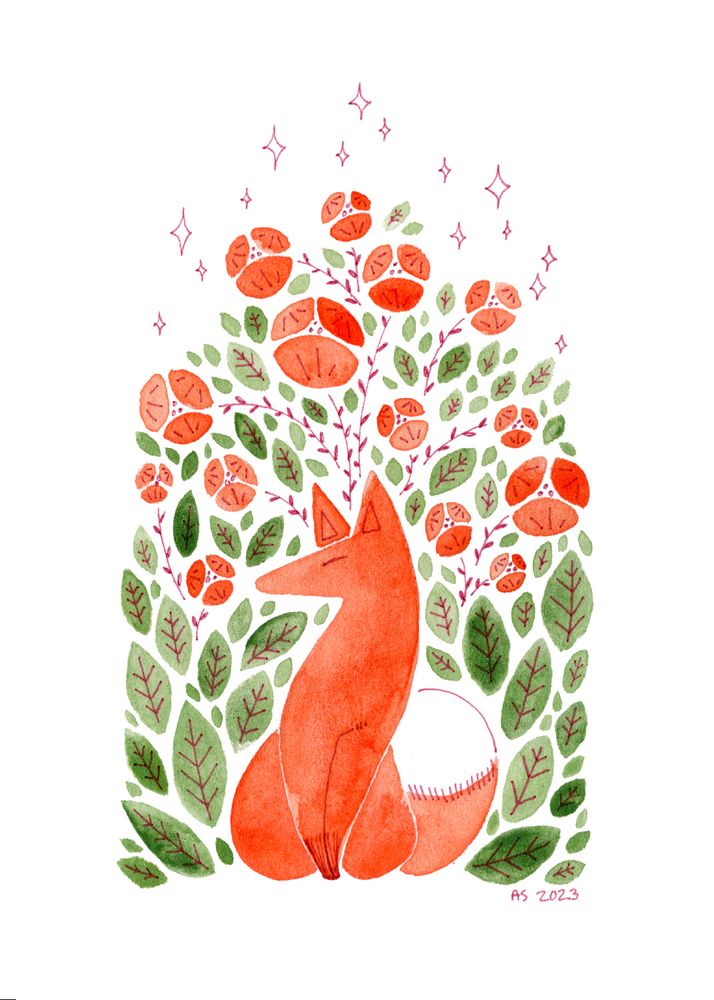 Stylized watercolor painting of a fox. Leaves and poppies grow and surround him in an arch with pink stars sparkling at the very top.