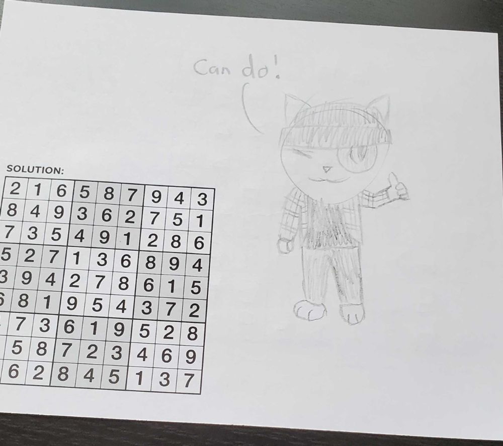 A pencil sketch of an anthropomorphic cat on the back of a sudoku puzzle. The cat has a spot on their left eye, and is wearing a beanie, solid shirt and pants, and a striped jacket. They are giving a thumbs up with one hand and saying "Can do!". The solution to the sudoku puzzle is mostly visible in the bottom left.