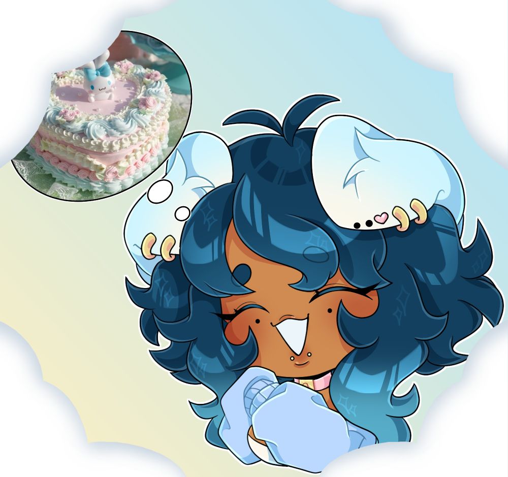 Art by the very lovely Rina! My blue and pink human puppyboy sona thinking about a retro cinnamoroll cake