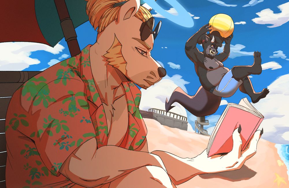 Characters Jamie and Demo on the beach