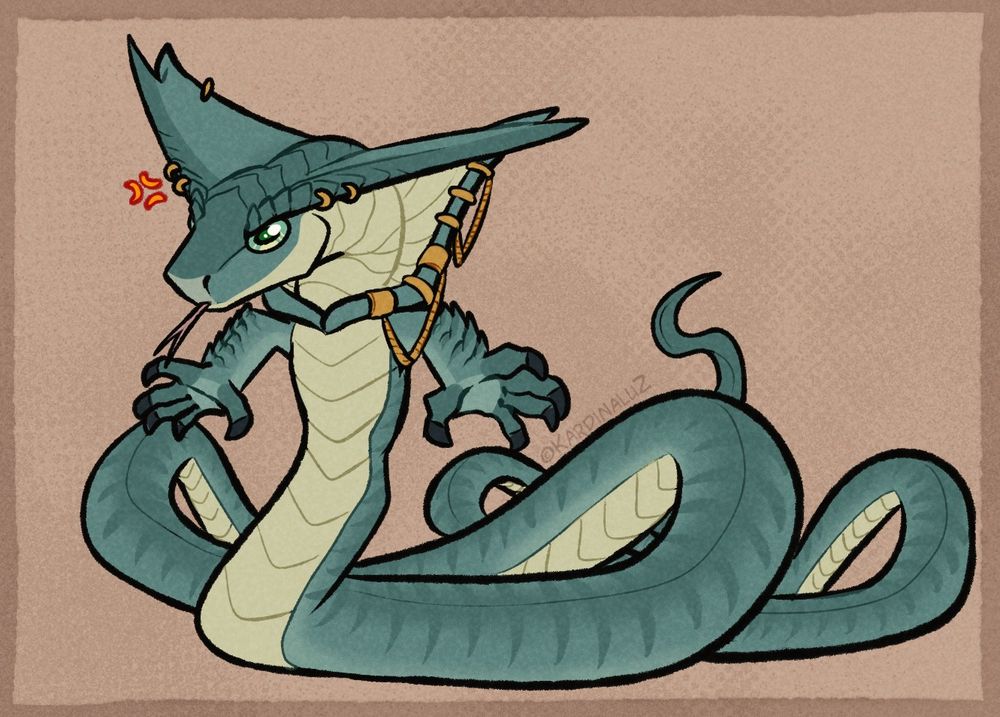 Taraken stands there as a chibi naga, his little serrated scales spiked up with a cute irritated expression! He is smol and angy.