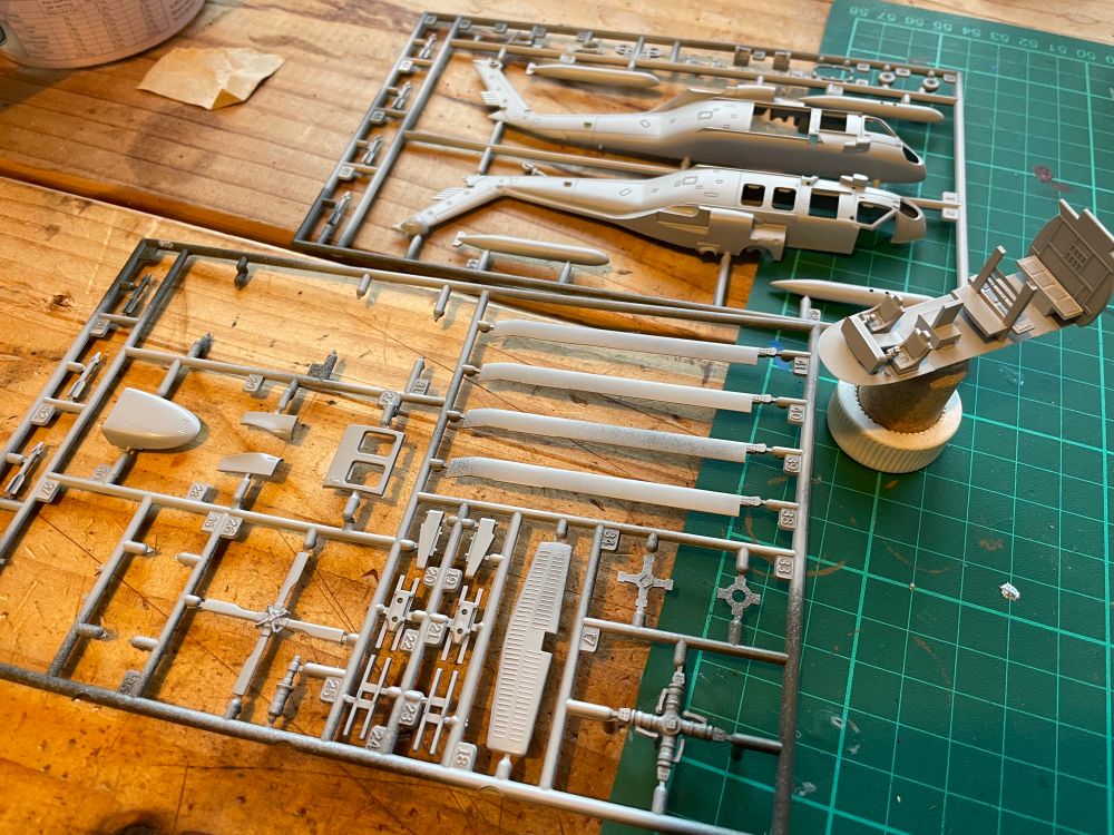 1/100 scale helicopter model kit with styrene custom assembly, grey base coat applied 