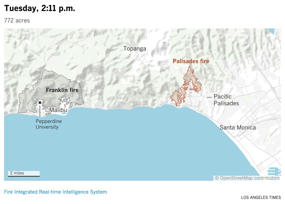 Map of the Palisades fire around 2 p.m. on Tuesday. It is 772 acres burning in Topanga State Park.