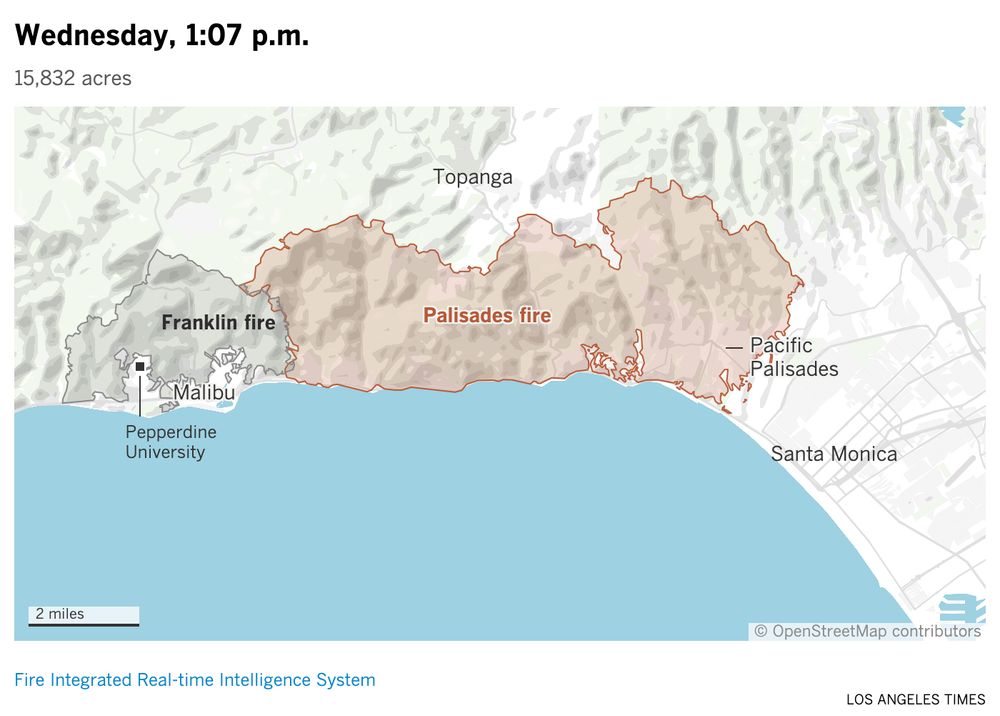 Map of the Palisades fire on Wednesday at 1 p.m. It has now spread from Pacific Palisades to Malibu, meeting the Franklin fire burn scar.
