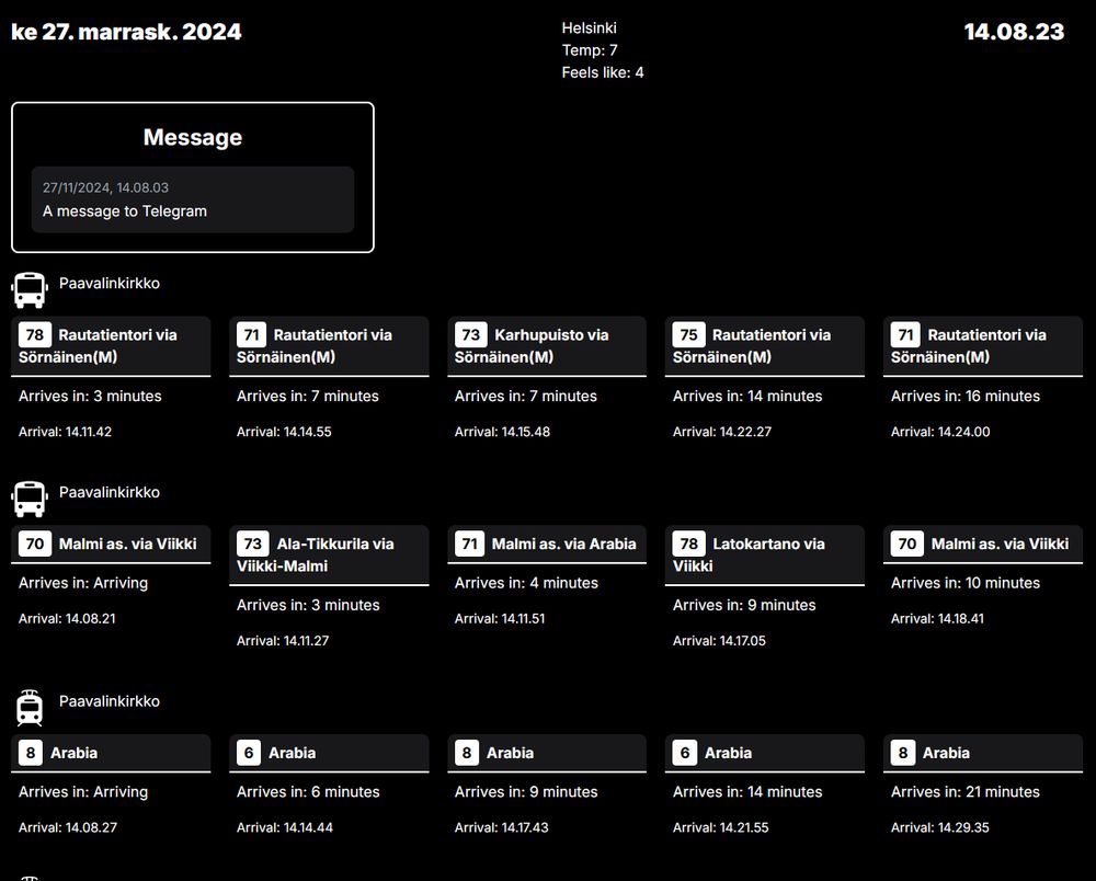 A dashboard displaying bus schedule 