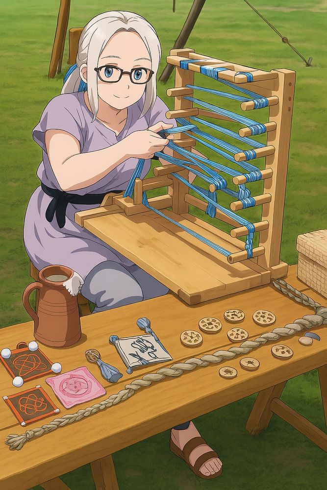 Bilb im Animestiel: blonde Frau am Webramen, davor ein Tisch mit bebrannten Holzscheiben und bestickten Läppchen. 