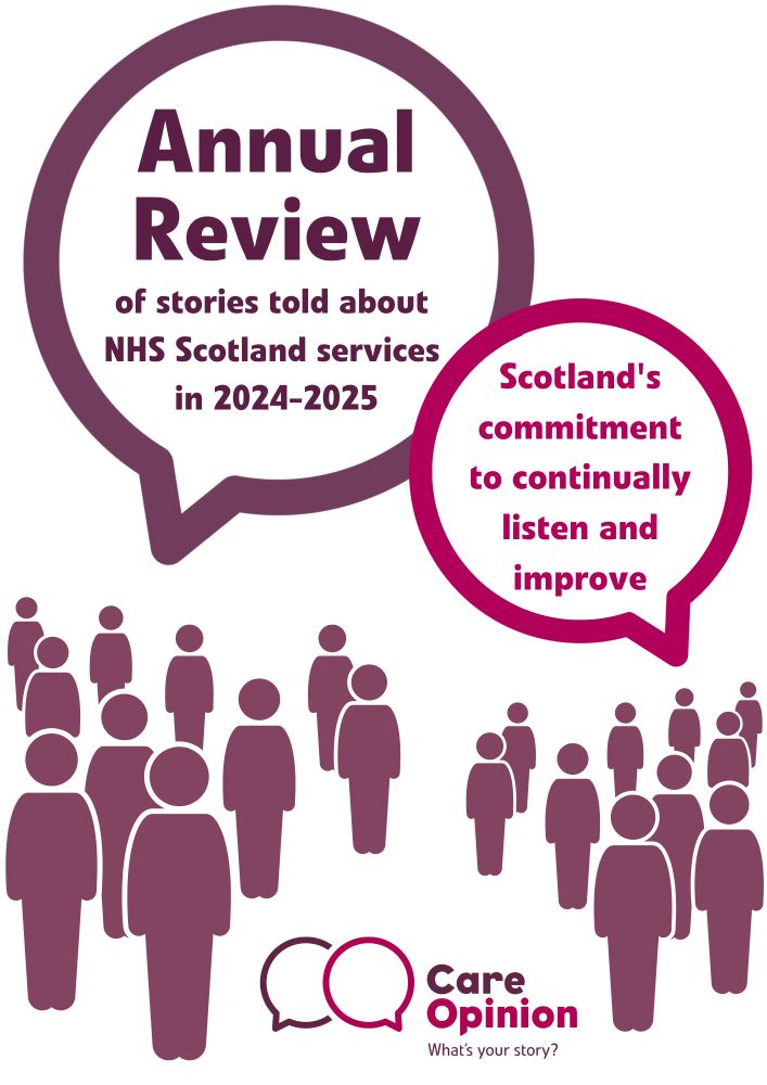 Front cover of the Care Opinion 2024–2025 Annual Review. Large speech bubble reads: ‘Annual Review of stories told about NHS Scotland services in 2024–2025’. A second speech bubble says: ‘Scotland’s commitment to continually listen and improve’. Groups of illustrated people appear below. Care Opinion logo at the bottom.