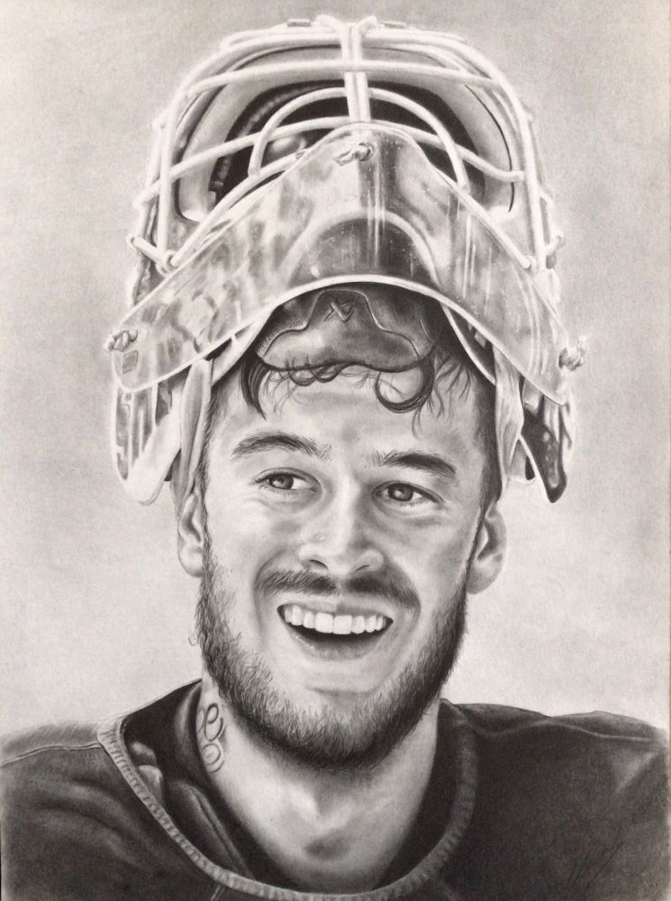 Pencil drawing of Yaroslav Askarov, goalie of the San Jose Sharks. He's happily smiling 😊