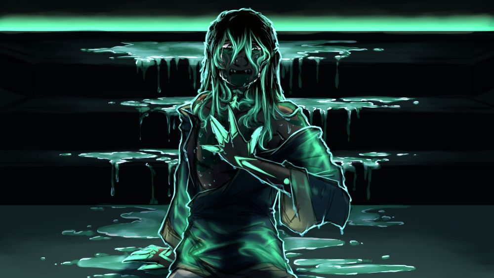 A painting of a long-haired half-elf man in tearful distress, sitting up on the ground, soaking wet after emerging from a deep, rectangular pool of bright aquamarine venom. He wears a very wet kimono style green shirt parted to reveal his bare chest, which is covered in many jade-colored snake-themed tattoos. His hand holds his chest in pain or fear, and markings also cover his hand and glow with a strong light. The markings cover his face, and his long hair glows the same color teal at the ends, as though it had just been dyed in the venom that splatters the ground and stairs behind him. 