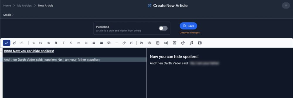 Editor showing spoiler as blurred text.