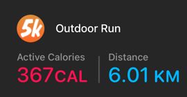 Screenshot from 5k app, showing the completion of an outdoor run. A “5k” logo appears at the top. The stats read: Active Calories – 367 CAL, Distance – 6.01 KM.