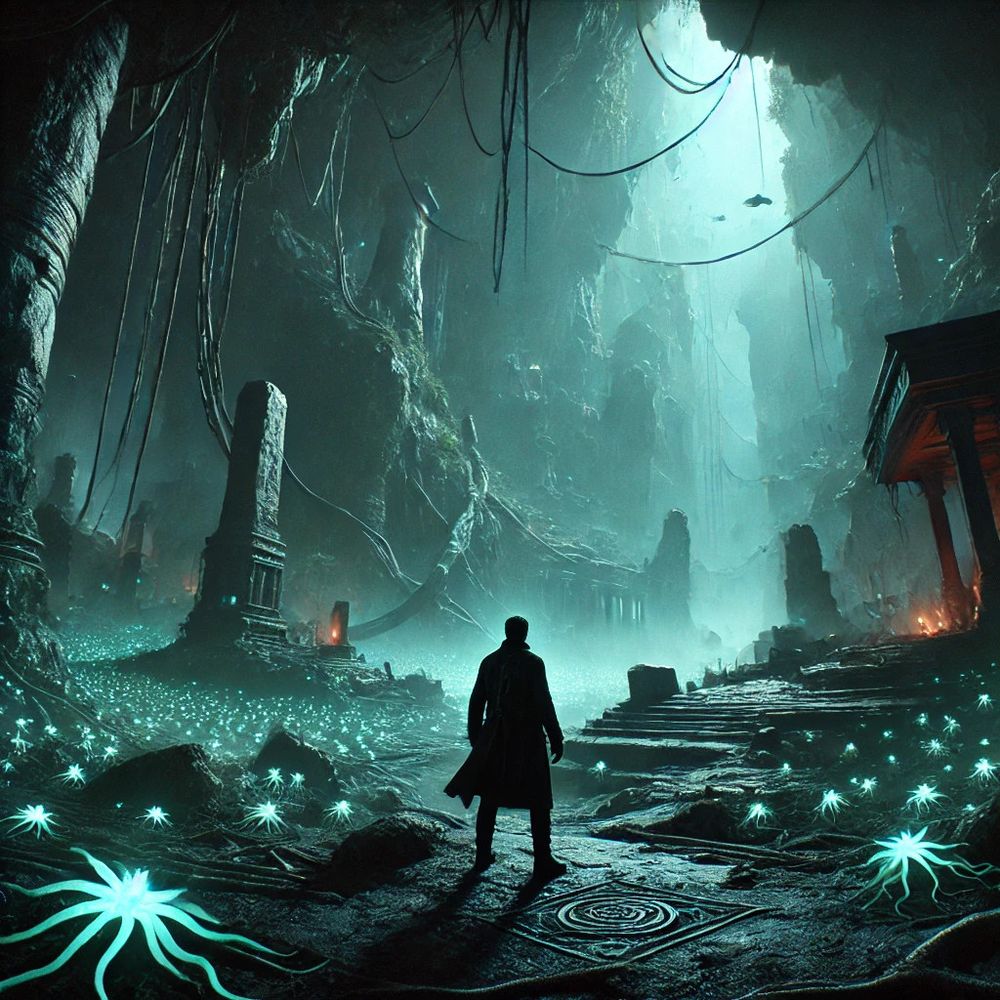 A lone figure in a long coat stands at the entrance of an ancient, eerie underground city, illuminated by an otherworldly glow. Towering ruins, tangled vines, and glowing bioluminescent plants fill the cavern. The scene suggests the explorer is wildly out of place—like they have no business being here—heightening the tension and mystery of the moment