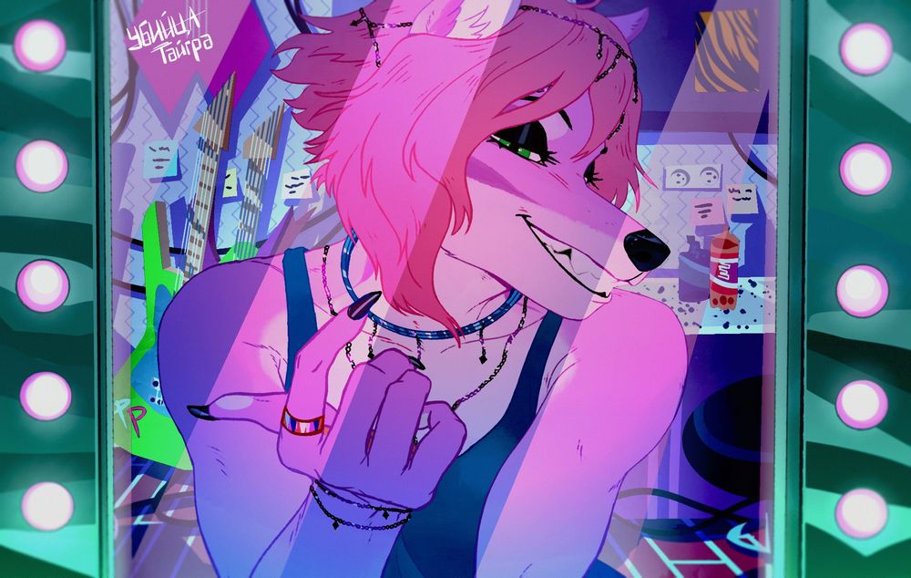 a pink furry wolfess with long pink bangs and a playful grin, looking in the mirror in the dressing room