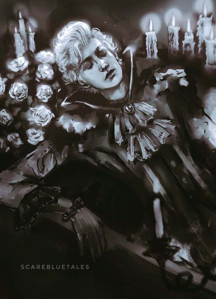 Monochrome painting of Astarion in a gothic princely outfit, half lying down with his eyes closed and arm rested. He might be resting inside a coffin, but it's unclear. He's surrounded by white roses and candles with an ethereal lighting.