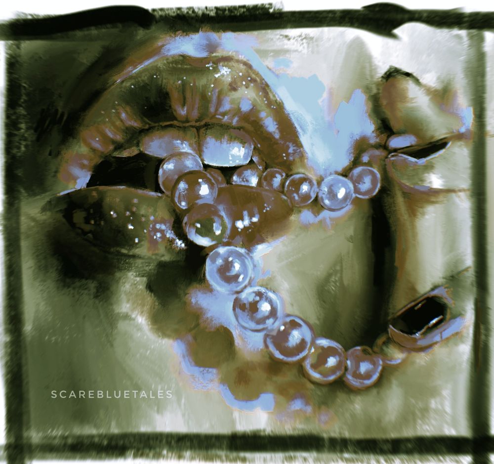 Painting of a close-up of a mouth holding a pearl necklace between the lips and the teeth. A couple of fingers are holding the other end of the necklace