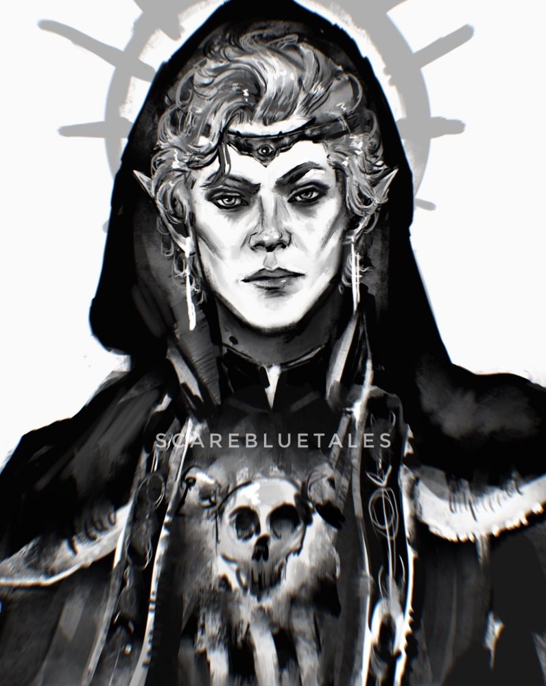 Drawing of Astarion with a dark cleric attire and a hood 
#Astarion #BG3 #BaldursGate3 #Drawing