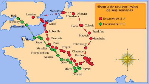La línea punteada y los puntos rojos indican ciudades visitadas en la excursión por Europa de 1814; la línea sólida y los puntos verdes indican las ciudades visitadas en el viaje de 1816 al lago de Ginebra.