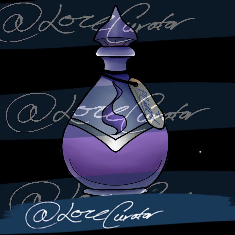 A digital painting of a purple potion in a tear-drop shaped bottle with a pointed topper. It has a tanned coloured label attached via string that says 