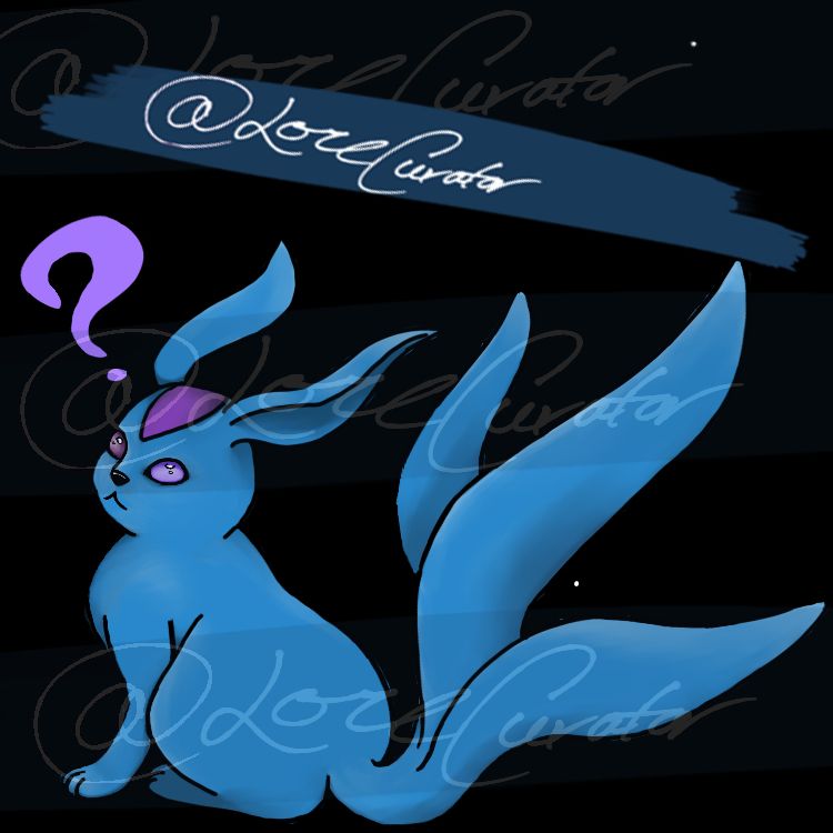 A blue carbuncle from FF14 (small, cat-like creature with long ears and a tail that splits into 3) sitting and looking at the viewer from just over its shoulder. Its eyes are two different shades of purple with the right eye being darker. It has a light purple question mark above its head to the left. Water marked with @ lorecurator.