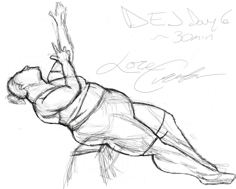 Digital sketch of a larger bodied woman almost laying on a bench, arms stretched toward the sky.