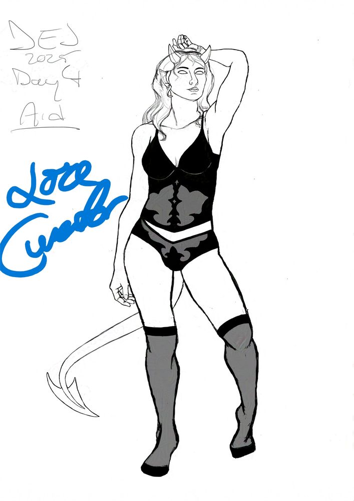 A digital drawing of a Tiefling woman posing in lingerie. The drawing is partially coloured in greyscale, 