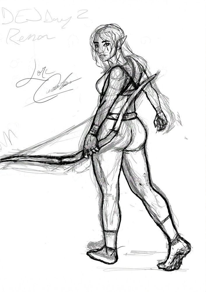 Digital sketch of an elf carrying a bow. She is walking away from the viewer at an angle but looking over her left shoulder.