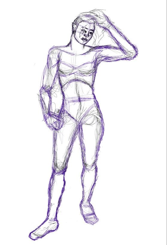Rough black and purple sketch of a feminine-looking bodied person. The body is mostly sketched with little detail and no clothes. The face has some detailing. The person is standing, posed with their left arm raised, hand nearly resting on their head which is tilted toward the left. The right arm/hand is resting on the right leg which is slightly more forward than the left.