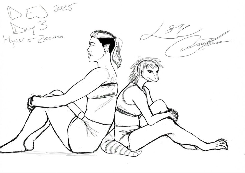Digital sketch of a larger Half-orc woman (left) with her back against a smaller lizardfolk woman (right).