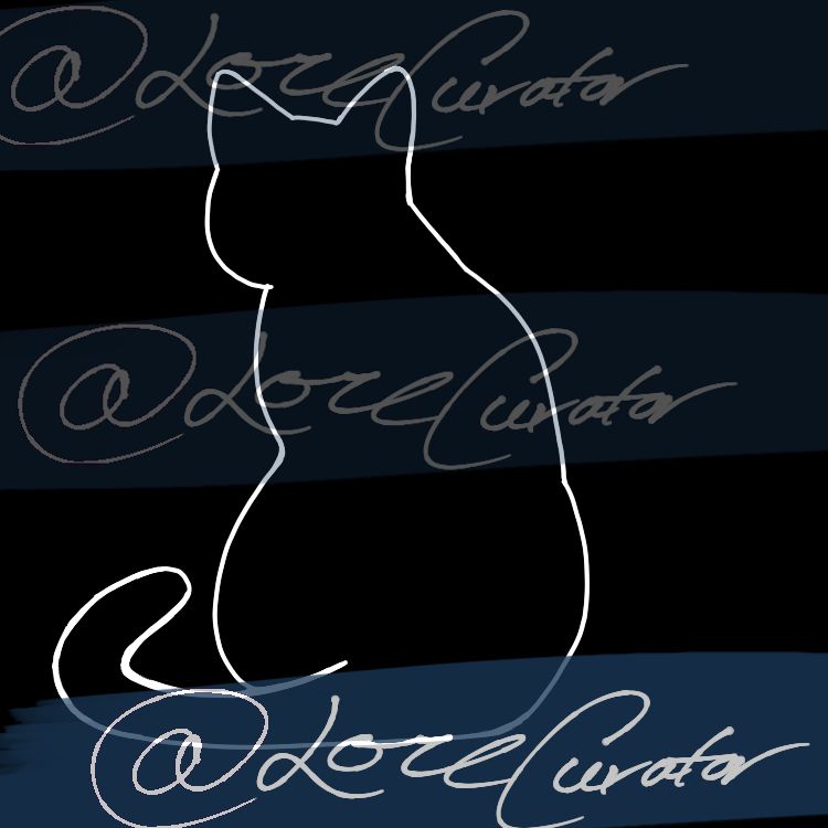 A digital drawing of a solid black silhouette of a cat sitting, viewed from behind. It is outlined in white. Watermarked with @ lorecurator.