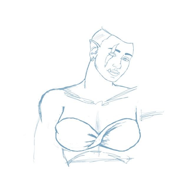 Rough line art of a chest-up view of a half-orc woman. She is looking toward the viewer with her head turned toward her left, tilted. The sides of her head are shaved and she was a large scar over her right eye which appears to be blank/artificial. She is wearing a tube top and her arms are not quite drawn yet.