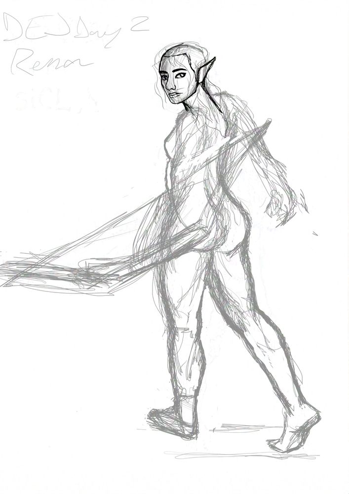 Digital sketch of an elven woman looking at the viewer from over her left shoulder. She is holding a bow in her left hand and seems to be stepping away or in mid-action.