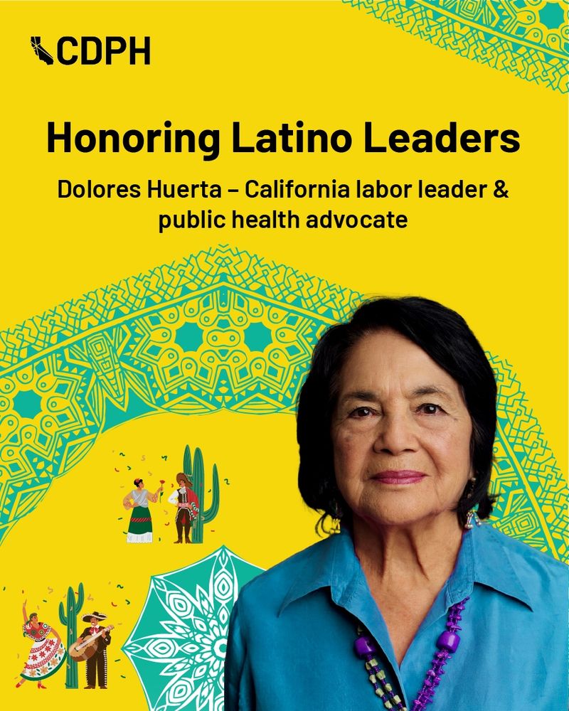 Promotional poster from CDPH featuring Dolores Huerta, labeled as a leader from California and public health advocate, against a colorful patterned background with illustrations related to agricultural work.