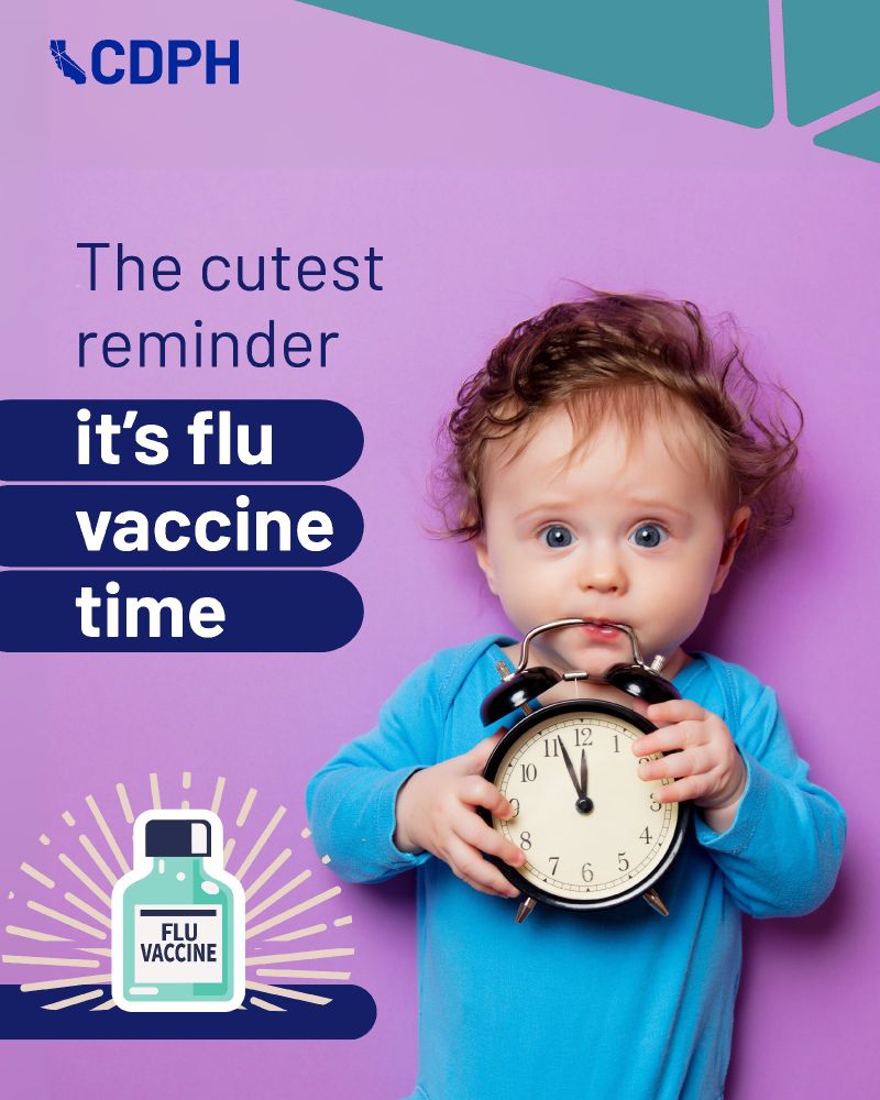 Baby holding an alarm clock with text "The cutest reminder. It's flu vaccine time."
