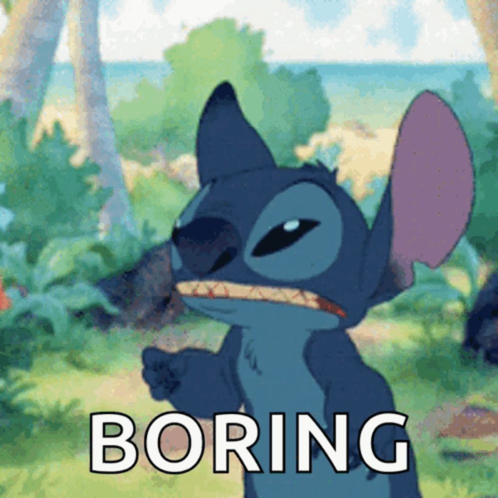 a cartoon of stitch with the word boring below it