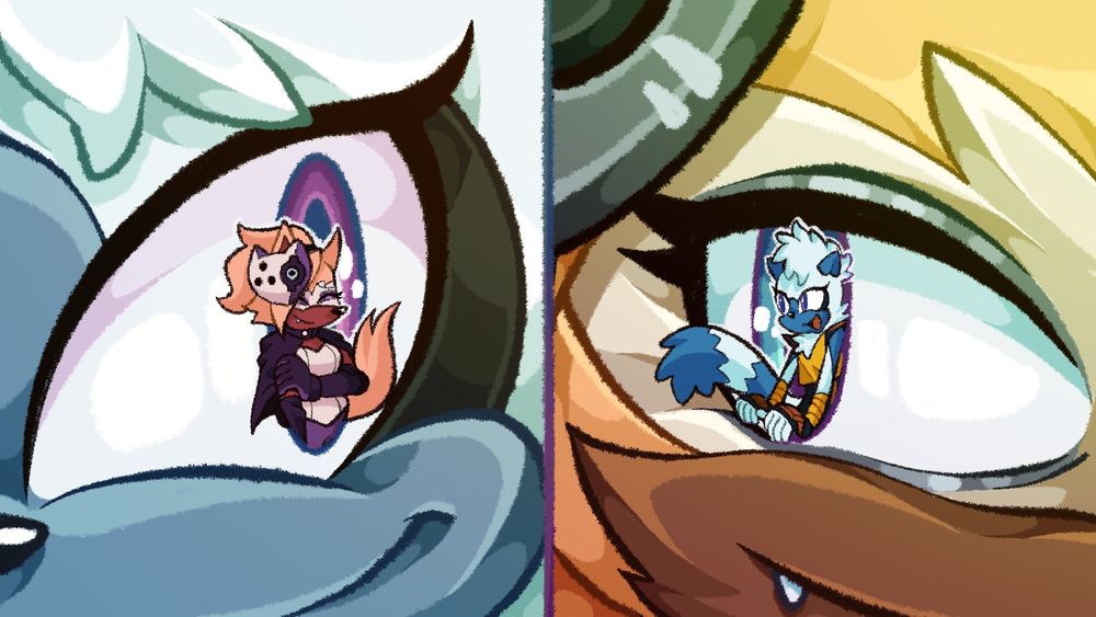 One drawing split down the center, with a closeup of Tangle’s eye on the left and a closeup of Whisper’s eye on the right. You can just see a smile poking up on both of them from the bottom of the page. Their eyes look towards eachother, and in their irises are mini versions of the other - Whisper in Tangles eye and Tangle in Whisper’s. The mini Whisper smiles gently eyes closed, while the mini Tangle leans outward with a big smile.