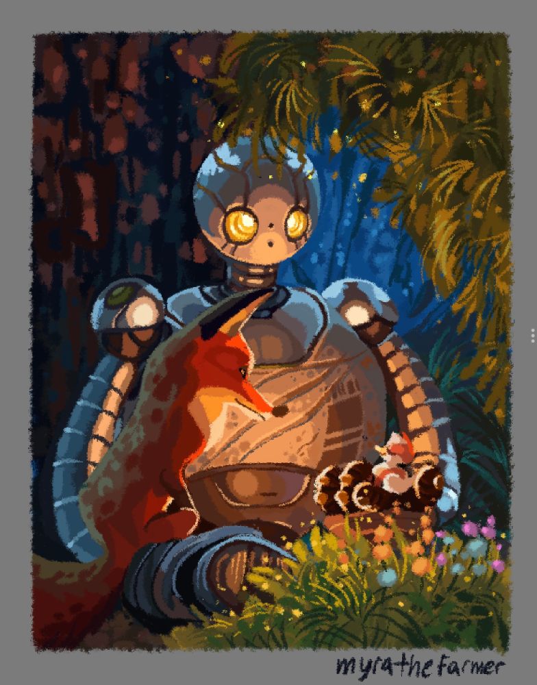 A redraw of a scene from The Wild Robot movie. Roz sits on the forest floor against a tree, holding Brightbill in one hand and with Fink sitting on her leg. Her eyes glow yellow and cast a warm glow on the three of them. Green leaves dangle from above, in the background there are shrubs and a patch of grass in the foreground. Roz’s metal body shows some claw marks and spots of dirt. 