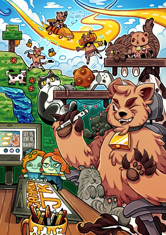 A colorful and detailed drawing of CamronJK and some of their streams. CamronJK’s pngtuber sits at a desk with a gray cat in their lap and a black cat on their shoulder, with a digital pencil in hand and a drawing tablet, computer, pencil mug, and two ZombieCleo plushies on their desk. Above them are two shelves, the first with a trans flag banner, gaming controller, mini Katamari Cam, and a black and white cat hanging from it. The second shelf holds their cow print racing jacket, a small plushie of themself with a nonbinary flag pin, and a brown cat. Where the wall would be is a little Minecraft Cam in a blocky Minecraft world, and above that is a mini Speedstorm Cam racing through the skies on a yellow race track in a bee-themed race car.