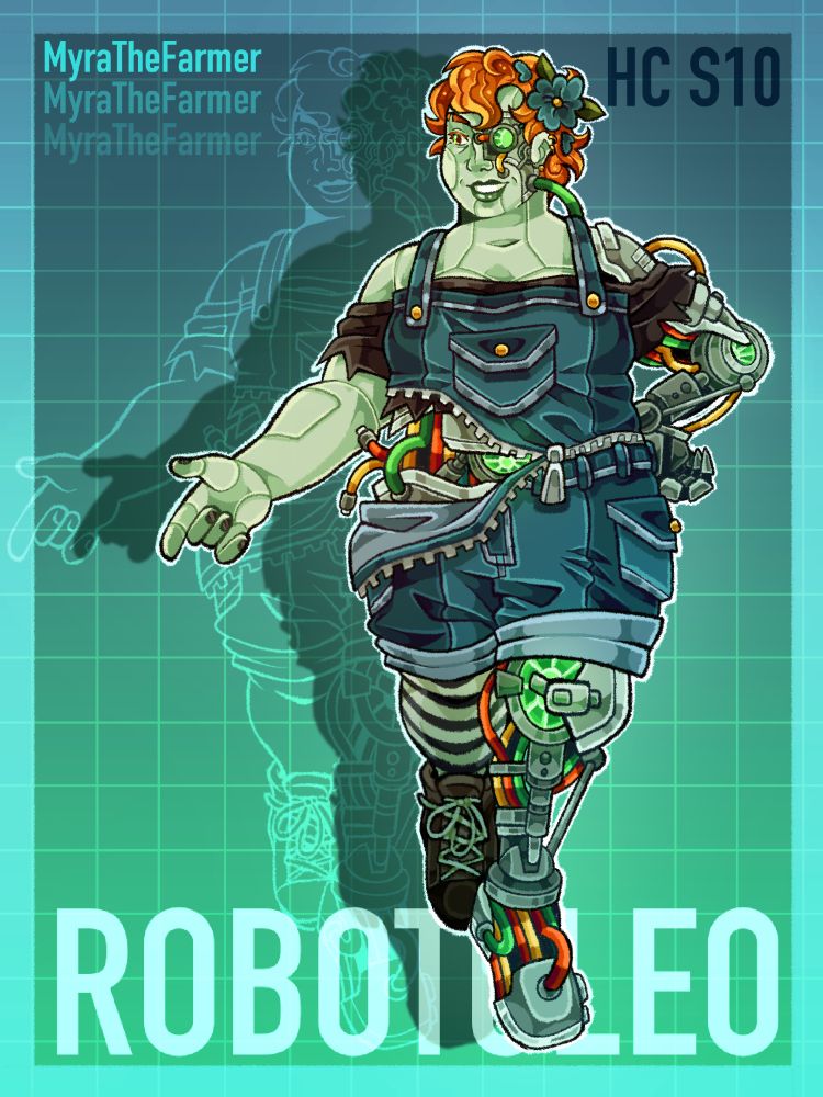A drawing of ZombieCleo from Hermitcraft as a robot. Their skin is pale green and separated into sections by thin green lines. Parts of their robotic insides are exposed, namely the right side of their face, right arm, left side, and right leg. Her robotic parts are gray with red, yellow, and green wires poking out. Her right eye is a bright green robotic eye that matches the glowing green parts on their elbow, stomach, and knee. Cleo wears a torn sleeveless black shirt under a pair of blue overalls, with a unique zipper across the middle, partially unzipped to reveal the robotic parts in their side. Her nails are painted black, and her ginger hair is cut short, with a blue flower tucked behind her ear. Cleo is mid-walk, one arm lifting and pointing gently while the other rests on her hip. One leg steps forward while the other is pushed back. They look to the side with a smile. 
The background is a blue to green ombré with a light blueprint pattern and thick border. The text in the corners read “MyraTheFarmer”, “HC S10”, and “ROBOTCLEO” on the bottom.
