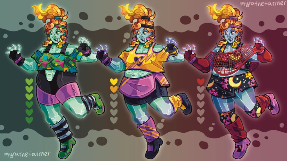 Three designs for ZombieCleo’s Past Life character, based on their Life Series Skin. The first represents her green lives, the second her yellow life, the third her red life. Individual designs and descriptions below.