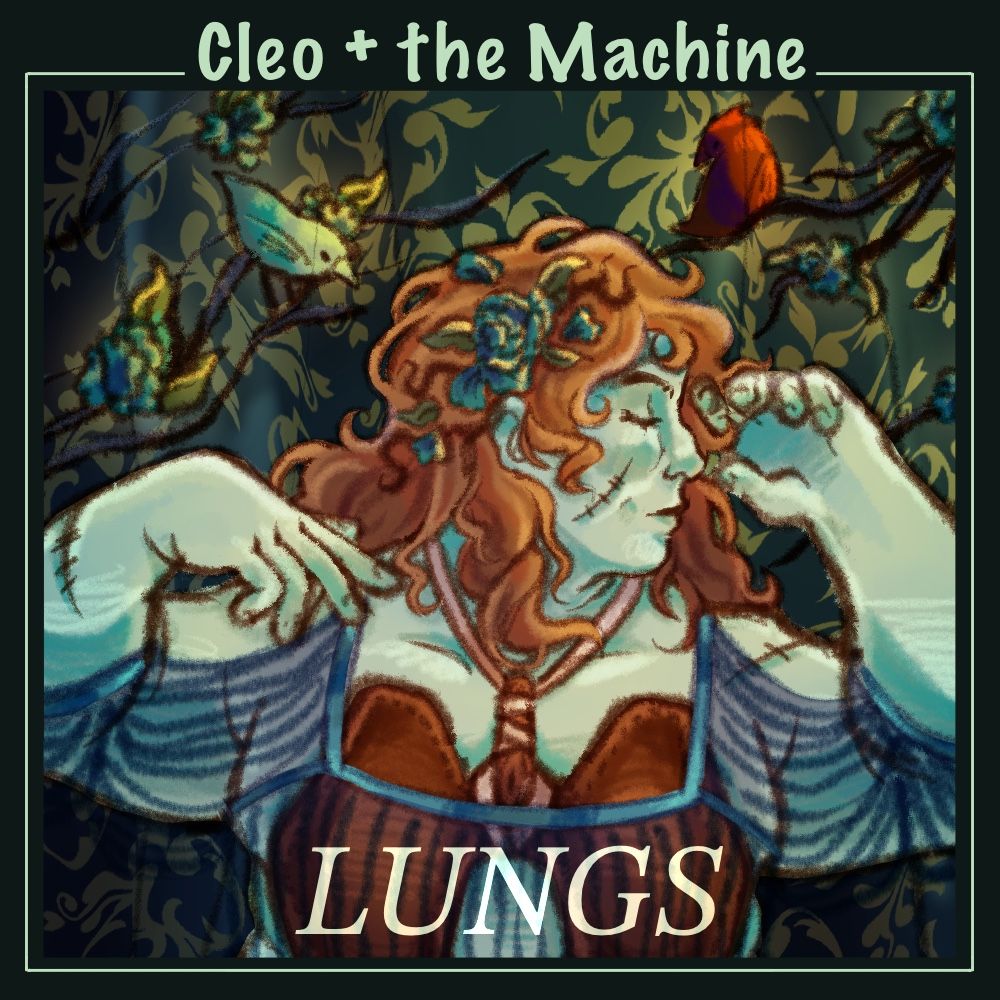 The album cover for Lungs by Florence + The Machine, but instead of Florence in the center it’s ZombieCleo. They have leather life sized lungs strung around their neck under a sheer threaded dress. Behind her is a gold and green patterned curtain, flowering branches, and two birds, one blue and one red.