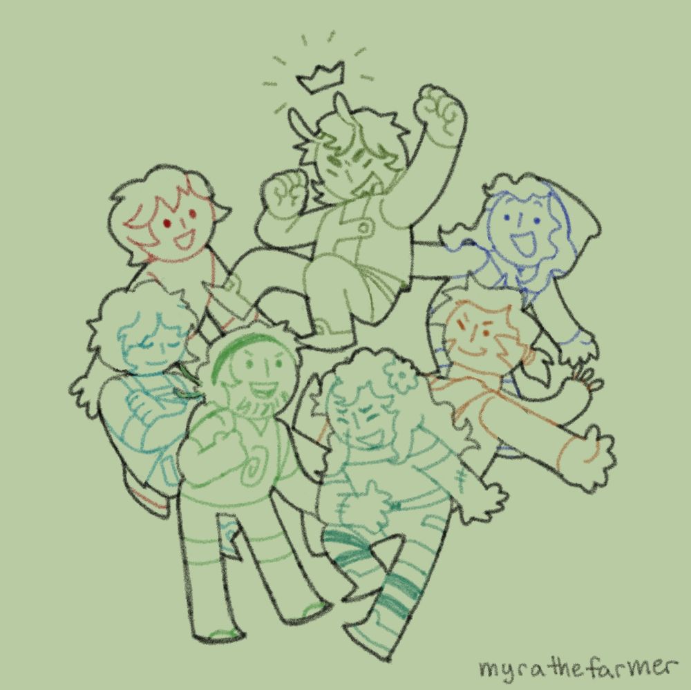 Little floating chibi-style drawings of the Life Series winners, Grian, Scott, Pearl, Martyn, Scar, Cleo, and Joel on top, with a crown above his head