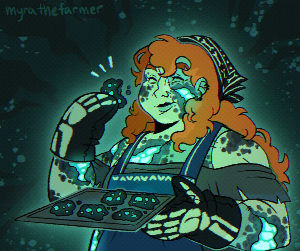 Fanart of ZombieCleo. They are covered in stitches that are opening up to reveal skull infection, glowing blue in the center and turning their skin gray around the open sections. She is holding a tray of skulk cookies in one hand and a single skulk cookie with a bite in it in the other. They wear a blue apron with a heart pattern on the trim, a gray top underneath, black baking mittens and a bakers handkerchief on their head with skeleton patterns. Her eyes are closed and she smiles, chewing on a bite of the skulk.