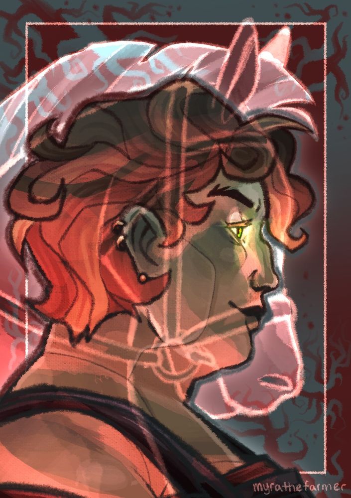 Side profile of ZombieCleo facing the right. Their hair is short, skin pale green with light lines etched in it, wearing dark blue overalls over a black sleeveless shirt with three gold earrings in their ear. Red light highlights her features from below. A silhouette of a horse overlays Cleo, with pink tones, and their eyes overlapping and glowing green. The background is dark red and desaturated blue abstract shapes 