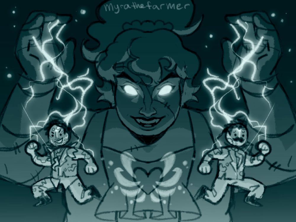 Grayscale sketch with a turquoise tint. Cleo holds up their hands like a puppeteer, with lightning coming out of their fingers. Skizz and Mumbo in their zombie skins are strung to the lightning on either side of her. Cleo’s eyes are glowing and she has ribs around her heart, resembling a Warden